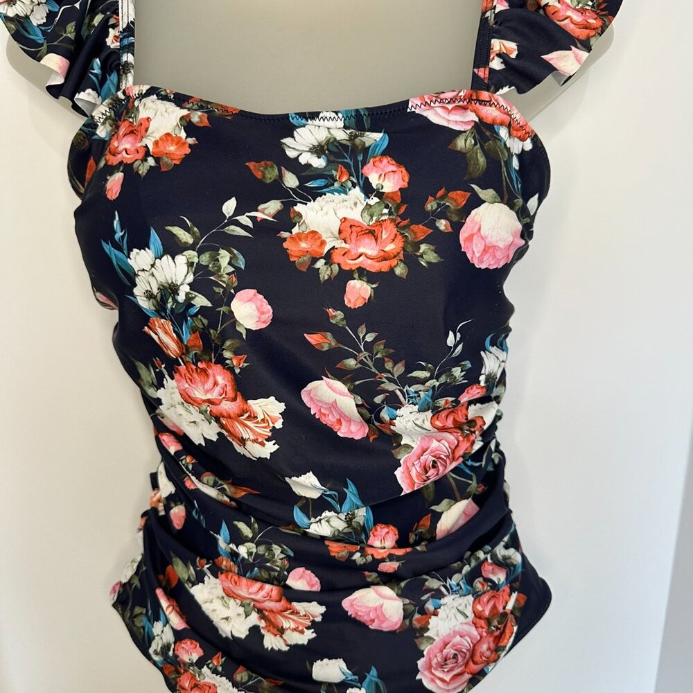 Hilinker Women's One Piece Swimsuit Navy Blue Floral Rouched Front